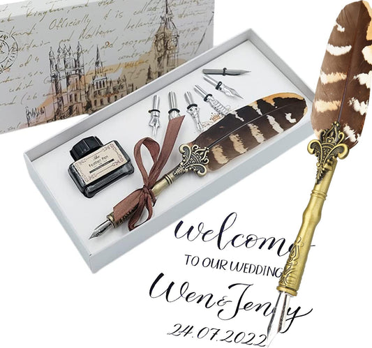 Quill Pen and Ink Set Feather Pen with Ink and 6pcs Nibs Calligraphy Pens for Beginners for Lettering,Drawing, Journaling, Signing, Invitation HO-Q-300