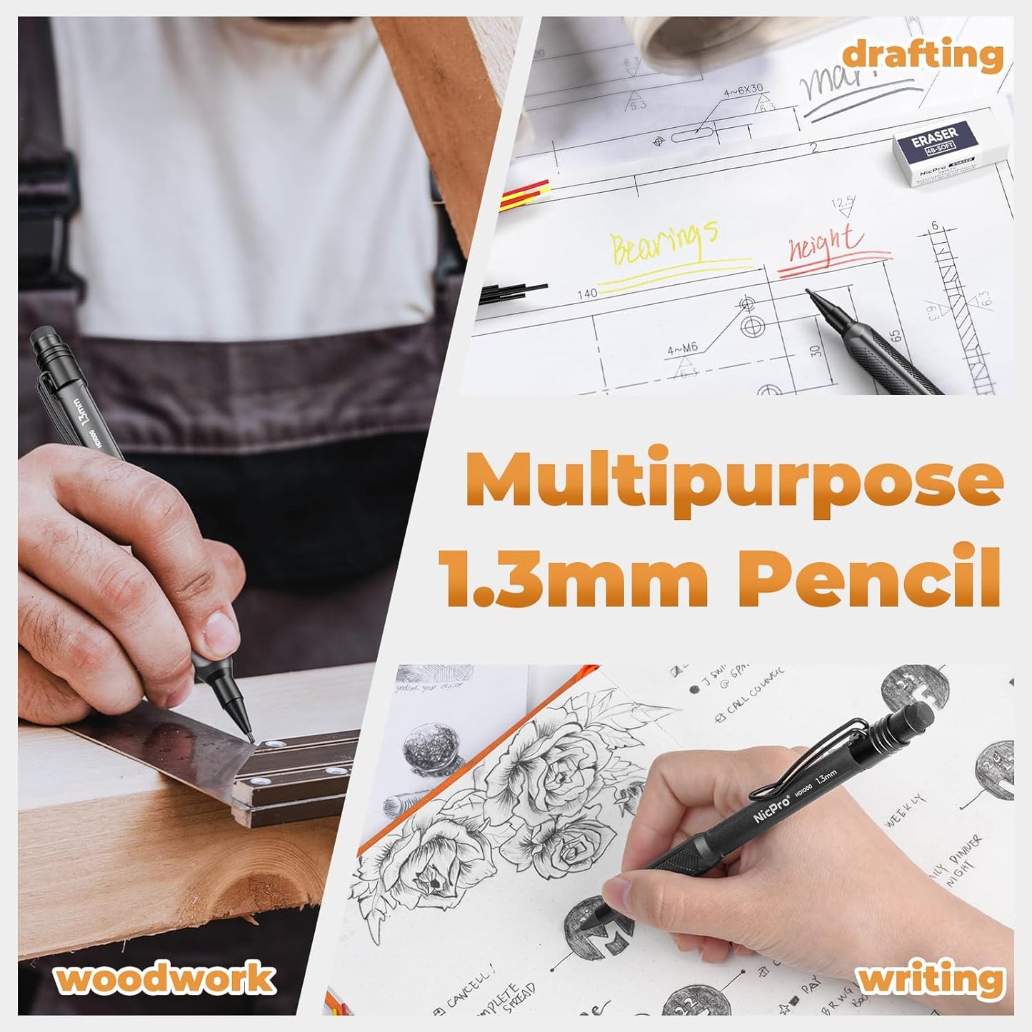 Nicpro 3 Pack Weatherproof Mechanical Pencil Set, 1.3mm Metal Mechanical Pencils, Heavy Duty Pencil for Outdoor All Weather Marking Drafting Drawing with 75 Lead Refills, Erasers, Case (Black, HD1000)