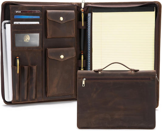 Genuine Leather Portfolio with Hidden Handle, Zippered Front Pocket, Business Padfolio for Men and Women, 8.5 x 11 Legal Pad Notebook Holder, Office Letter Notepad Folio, Dark Khaki