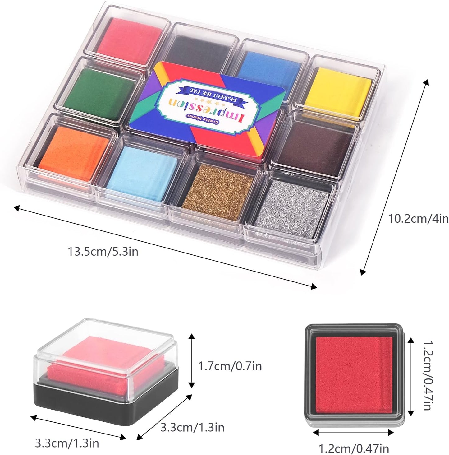 CraftyManor Mini 12 Color Pigment Ink Pads for Stamps, Fingerprint Ink Pad for Kids, Stamp Pad for Scrapbook Paper & Stamps for Classroom & Clothing Stamp & Letter Stamps, Archival