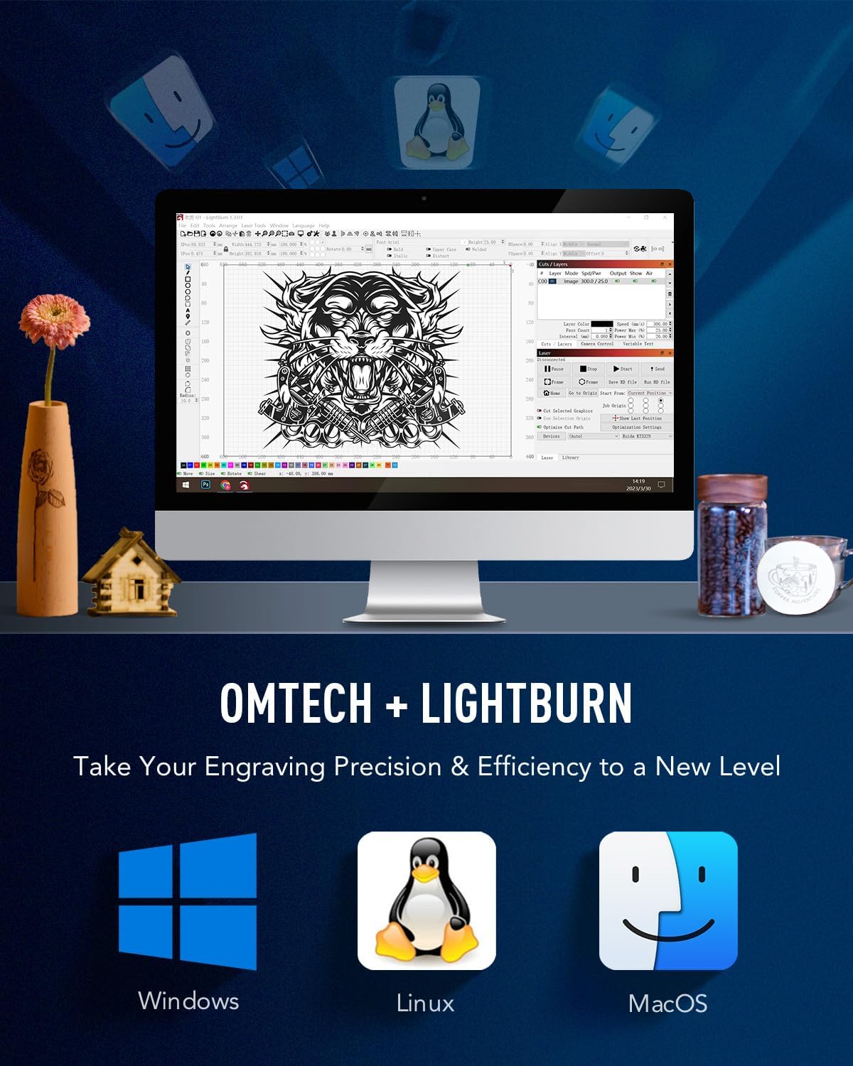 OMTech 150W CO2 Laser Engraver with LightBurn & Water Chiller, 63" x 40" Laser Engraving Cutting Machine with Autofocus Autolift 3 Way Pass Air Assist, Laser Cutter for Wood Glass Acrylic More