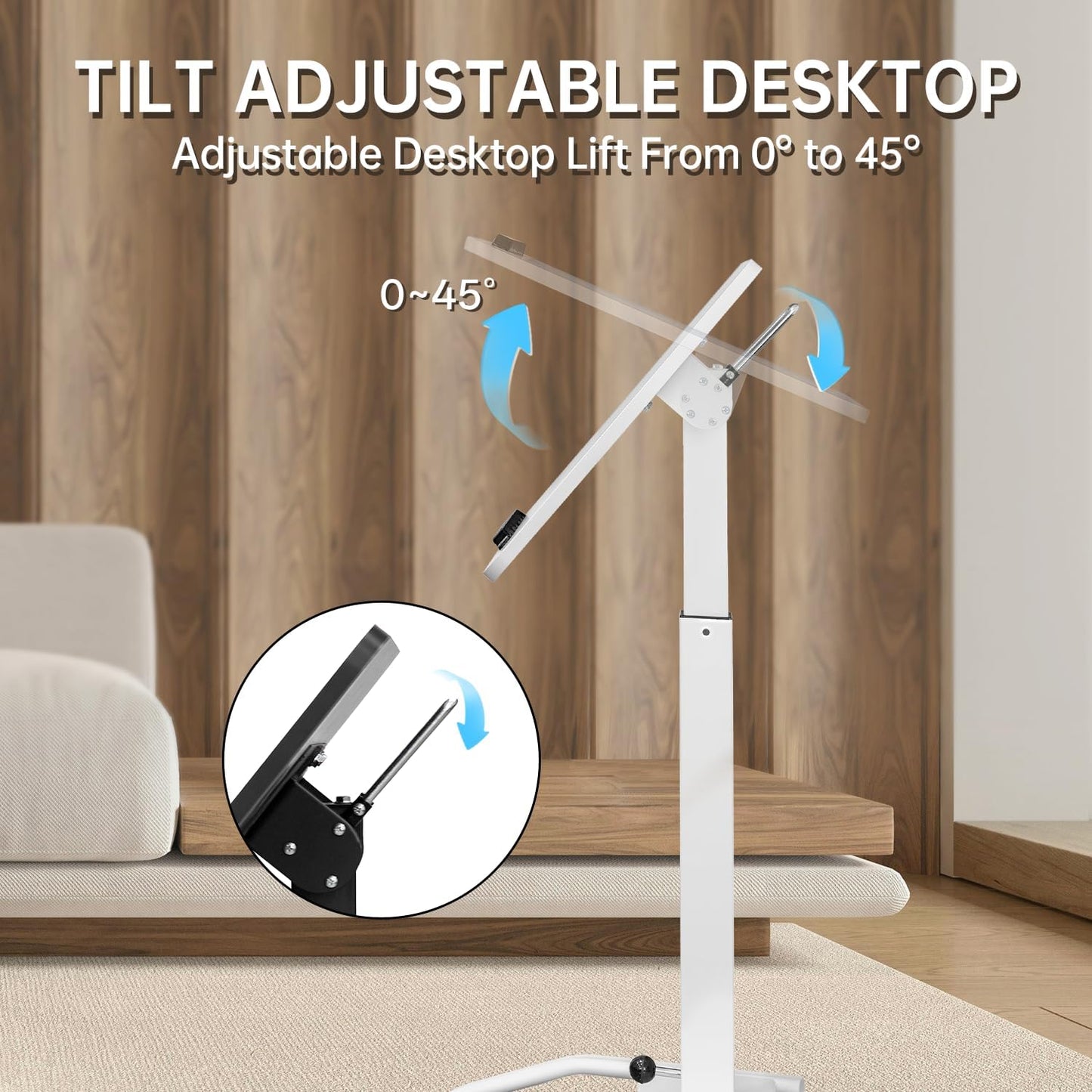 Mobile Standing Desk with 45° Tilting Desktop, Portable Rolling Standing, Height Adjustable Sit Stand Foldable with Wheels, Mobile Desk Workstation for Home Office (White, Large)