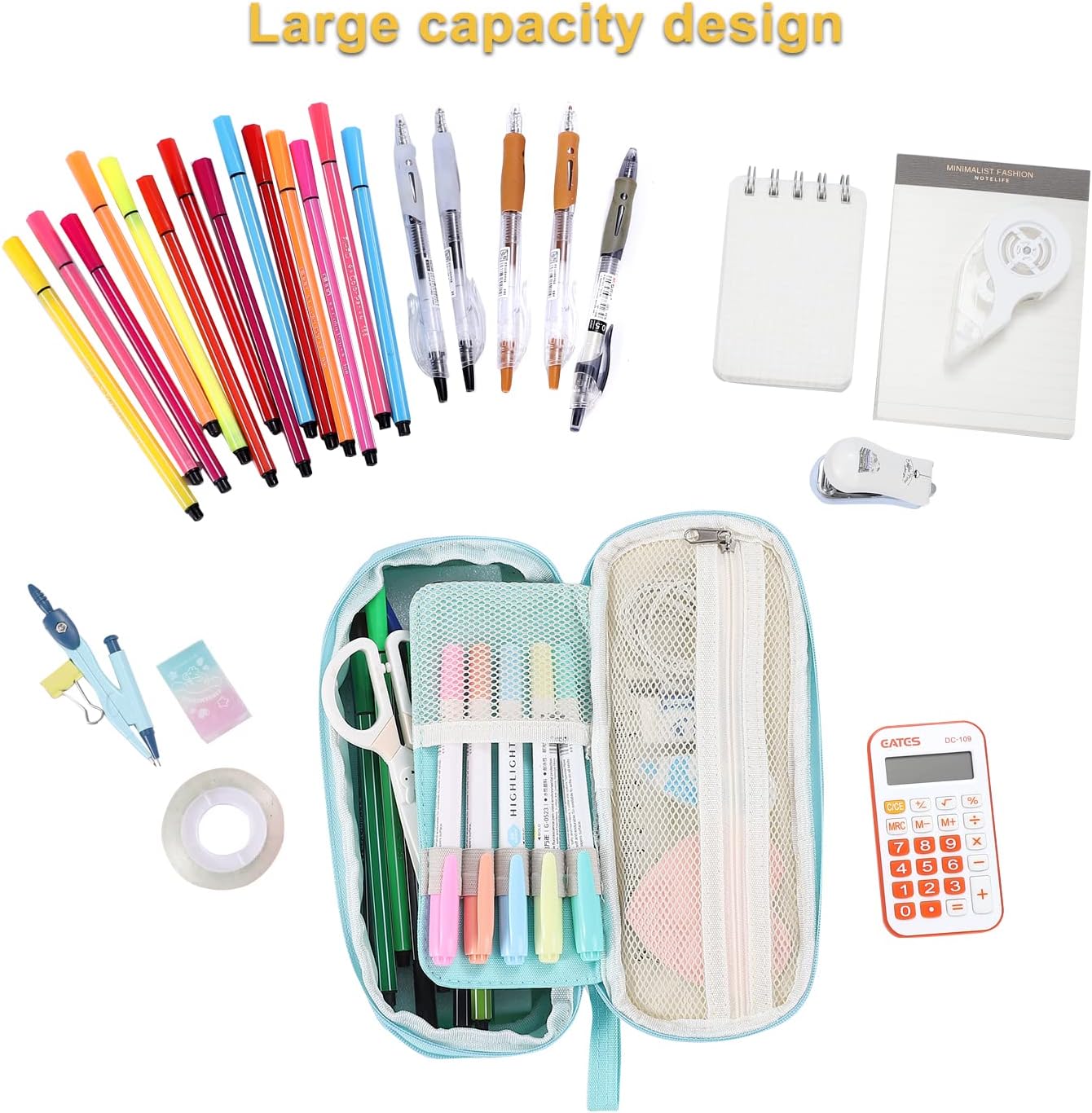 Big Pencil Case Zipper Pencil Pouch Organizer Large Capacity Pen Bag with Handle Portable for Girls Kids Adults Gift Pen Case for School Home Office Light-blue