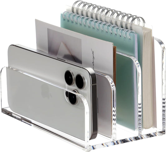 SANRUI Acrylic Mail File Organizer Sorters for Desk, 3 Upright Compartments Laddered Clear Desktop Vertical Letter Holder, Multifunction Envelope Folder Racks Holders for Office,Home, School