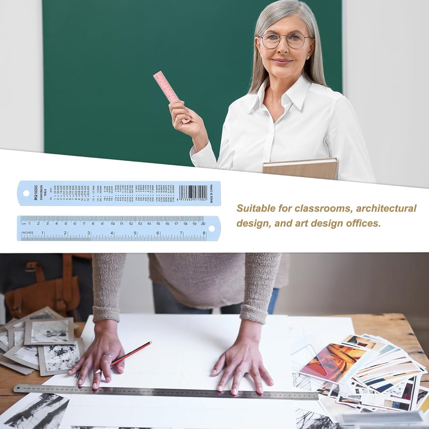 HARFINGTON 6pcs Metal Straight Ruler 20cm Metric SAE Aluminum Alloy Measuring Rulers Scale Tool with Hole for Measure Study Reading Classroom Office, Light Blue