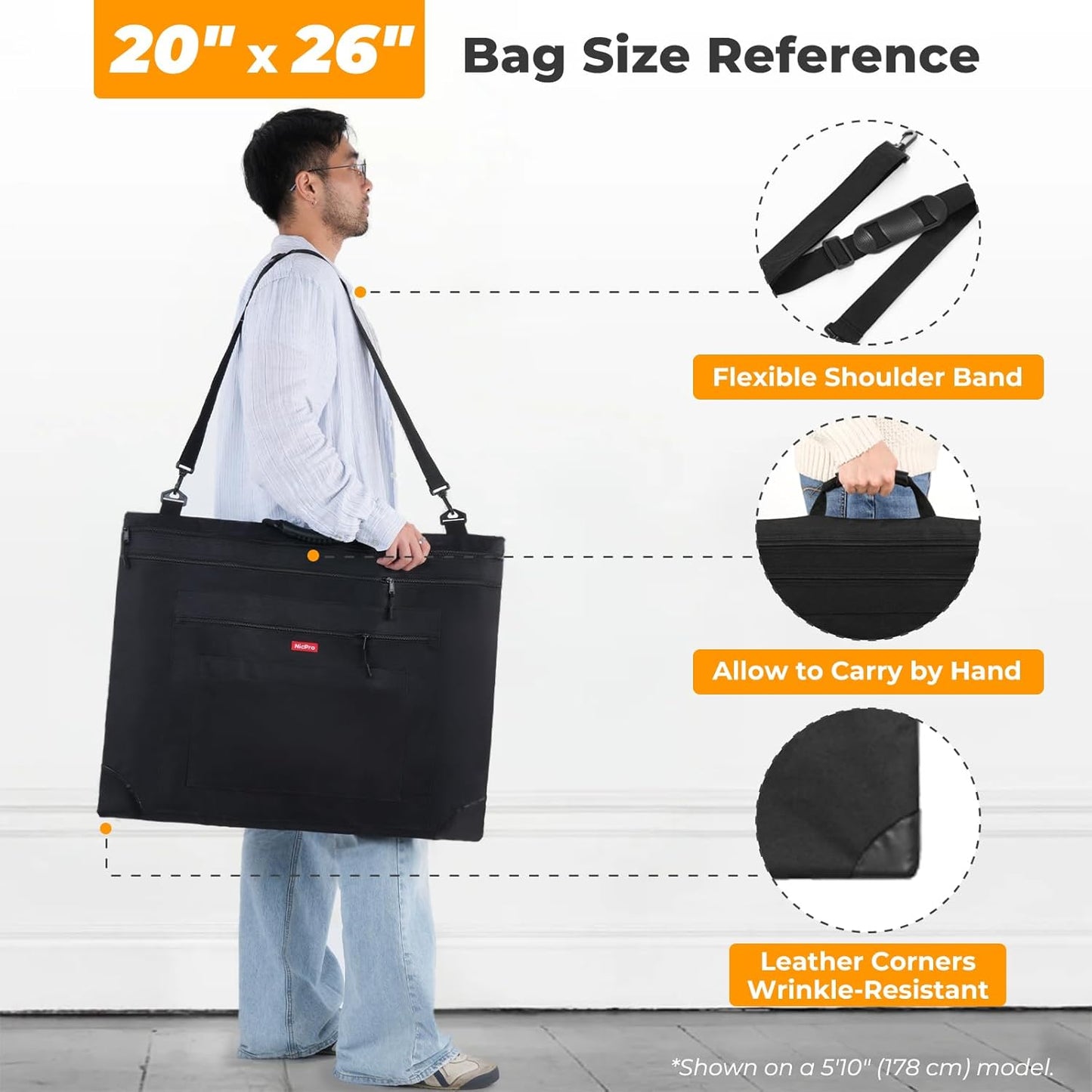 Nicpro Light Weight Art Portfolio Bag, 20x26 Black Art Canvas Portfolio Case with Detachable Shoulder Strap, Leather Corners, Carrying Storage Case for Artwork, Poster, Sketching, and Drawing