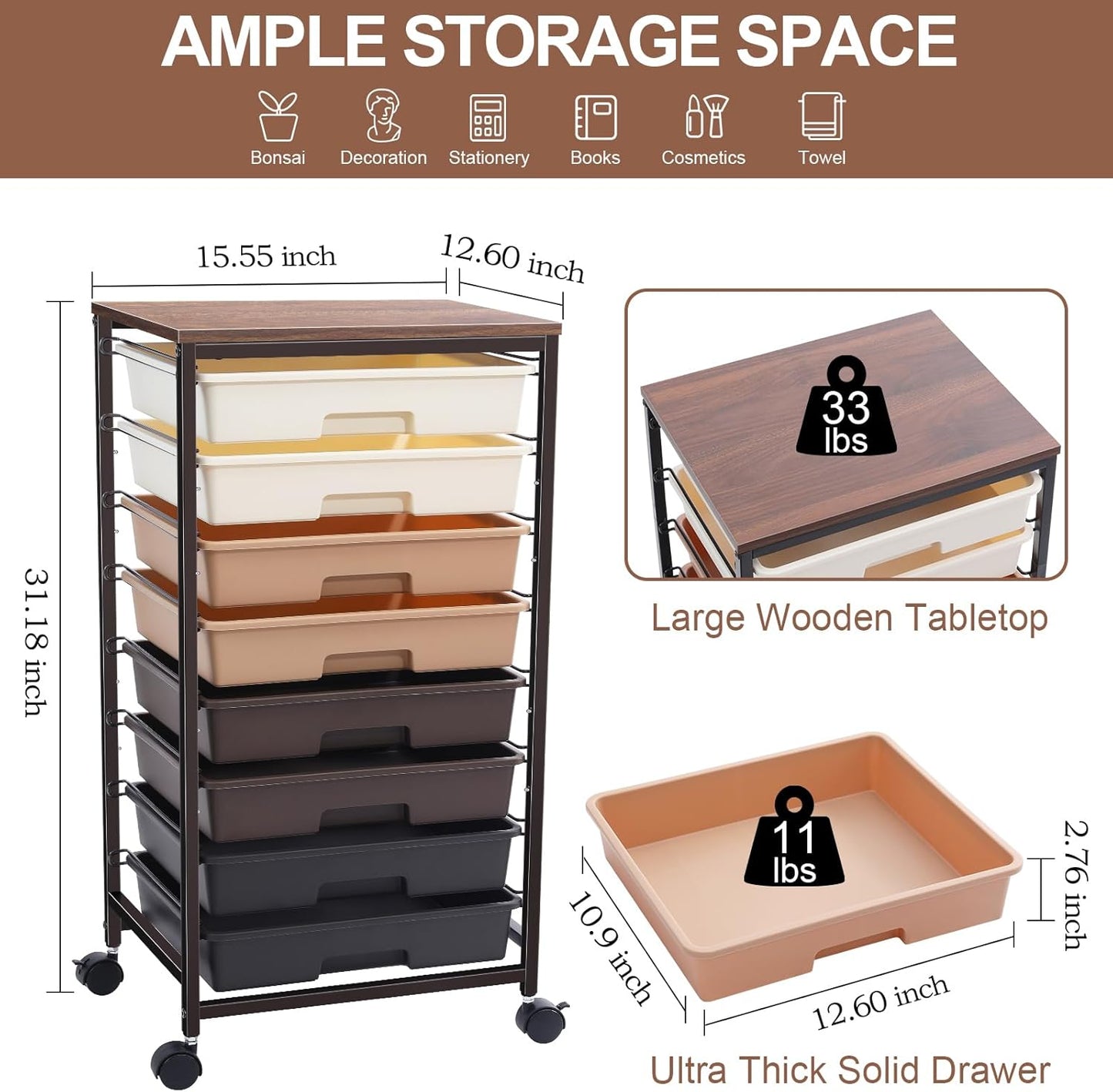 Rolling Carts with Wheels,Utility Cart with 8 Drawers and Wooden Tabletop,Rolling Drawer Cart,Plastic Drawer Storage for Living Room,Classroom,Bedroom,Bathroom,Dorm,Office,Brown