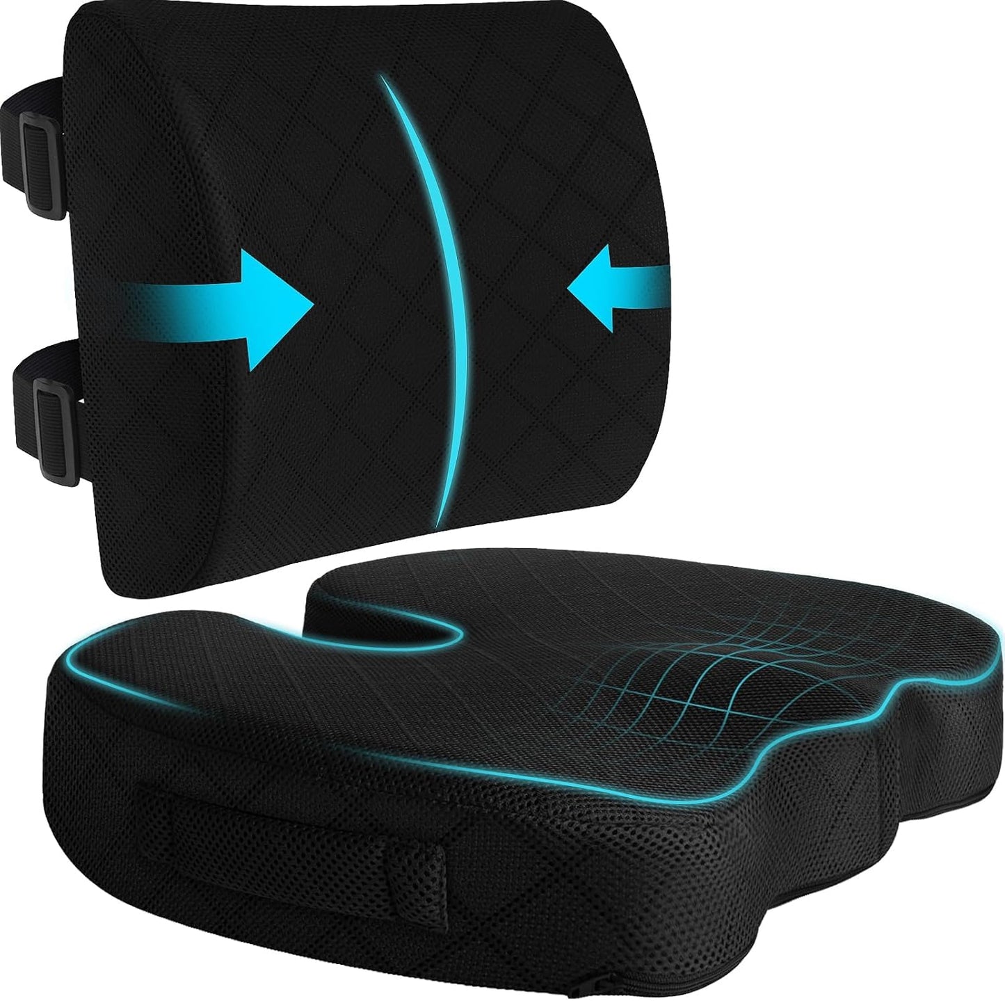 TushGuard Office Chair Cushions with Handles, Back&Seat Cushion, Sciatica & Back Coccyx Tailbone Discomfort Easing Chair Pad, Memory Foam Lumbar Support Pillow for Gaming, Desk, Wheelchair, Car(Black)