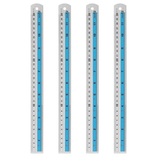 HARFINGTON 4pcs Metal Straight Ruler 30cm Metric SAE Aluminum Alloy Measuring Rulers Scale Tools with Hole for Measure Study Reading Classroom Office, Blue