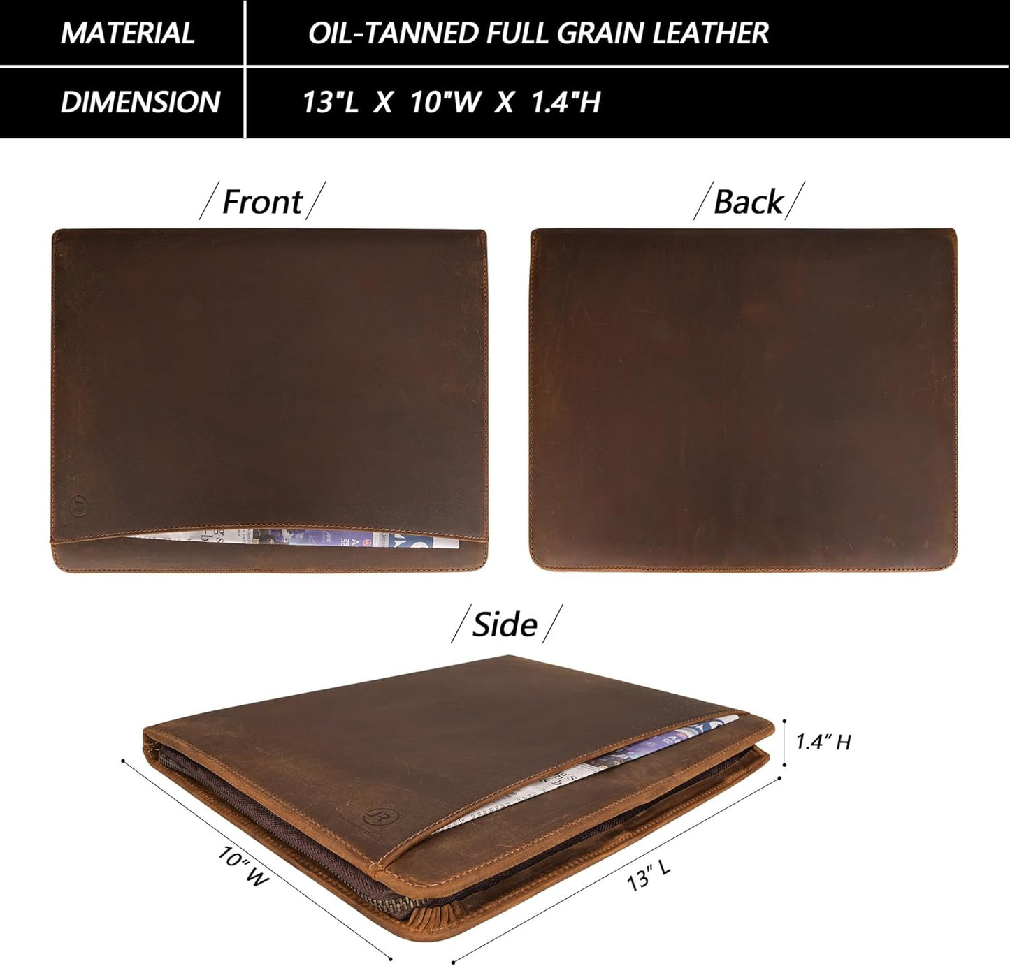 Full Grain Leather Portfolio Padfolio with Zipper, Professional Business Organizer for Men Women, Executive Resume Folder with A4 Notepad Holder, Card Slots, Pen Loop, 10x13'', Luxury Gift Set