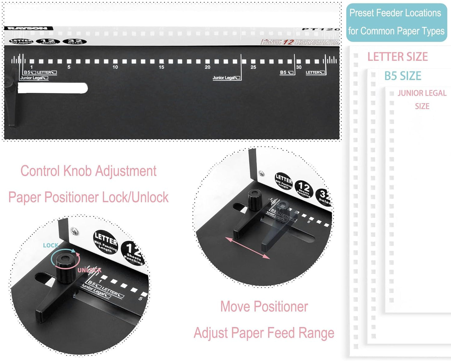 Rayson PT1202 Coil Binding Machine, 3:1 Pitch, 32 Hole Punch for Spiral & Click Binding Spines, Metal Spiral Binder Hole Punch, Punches 12 Sheets at a Time