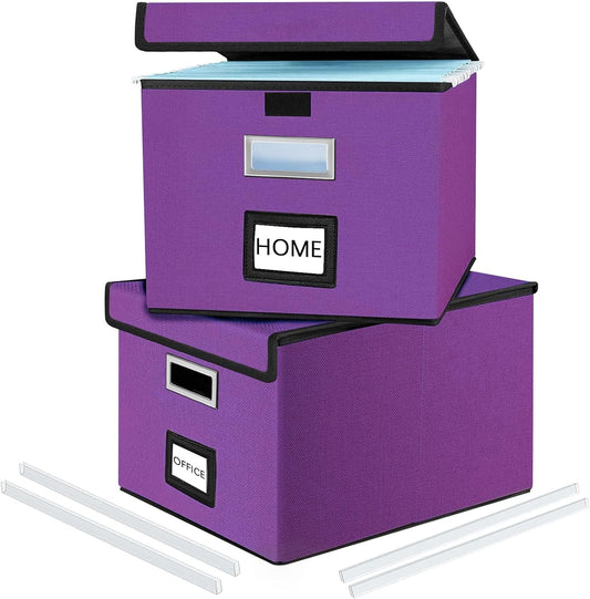 Huolewa Upgraded File Organizer Boxes with Lids, Linen Hanging Filing & Storage Boxes with Plastic Slides for Office/Decor/Hom, Universal Hanging Filing Organization Boxes for Letter/Legal Folder
