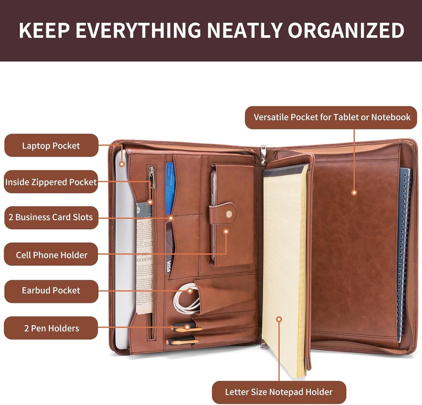 Vegan Leather Portfolio with Front Pocket for Men and Women, 8.5 x 11 Legal Pad Notepad Holder, Zippered Business Organizer, Professional Executive Letter Notebook Folder for Work, Brown