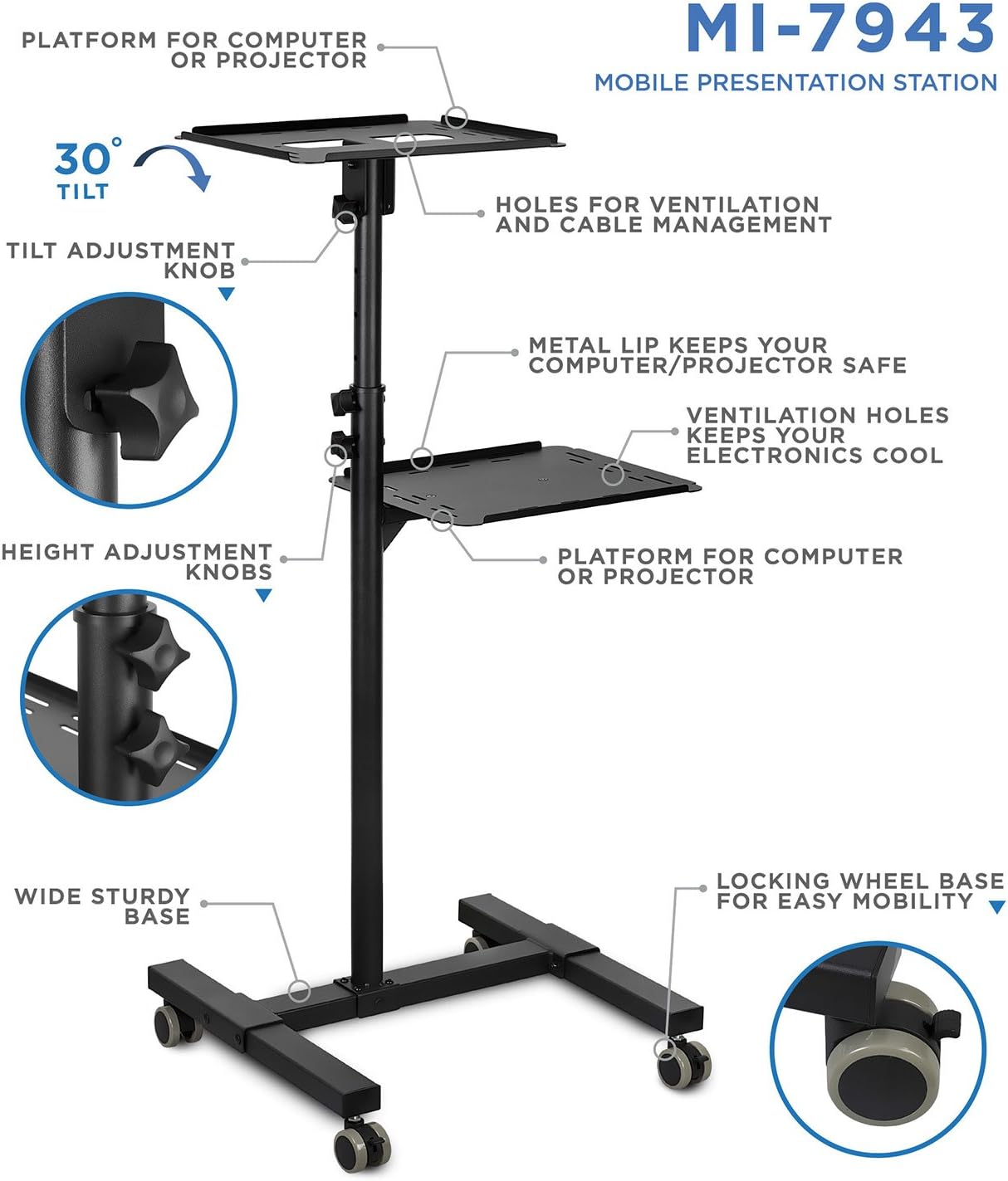 Mount-It! Mobile Projector and Laptop Stand (2 Shelves), Rolling Cart with Ventilated Tray, Heavy Duty, Height Adjustable Laptop and Projector Presentation Trolley, Black