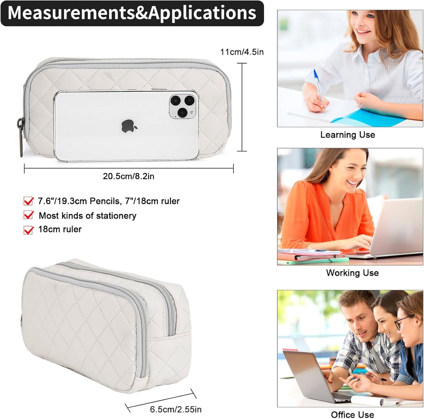 Della Gao Pencil Case Large Capacity Pencil Pouch Soft Quilted Pen Bag Office Stationery Organizer Sturdy Pencil Bag for Men Women - Beige