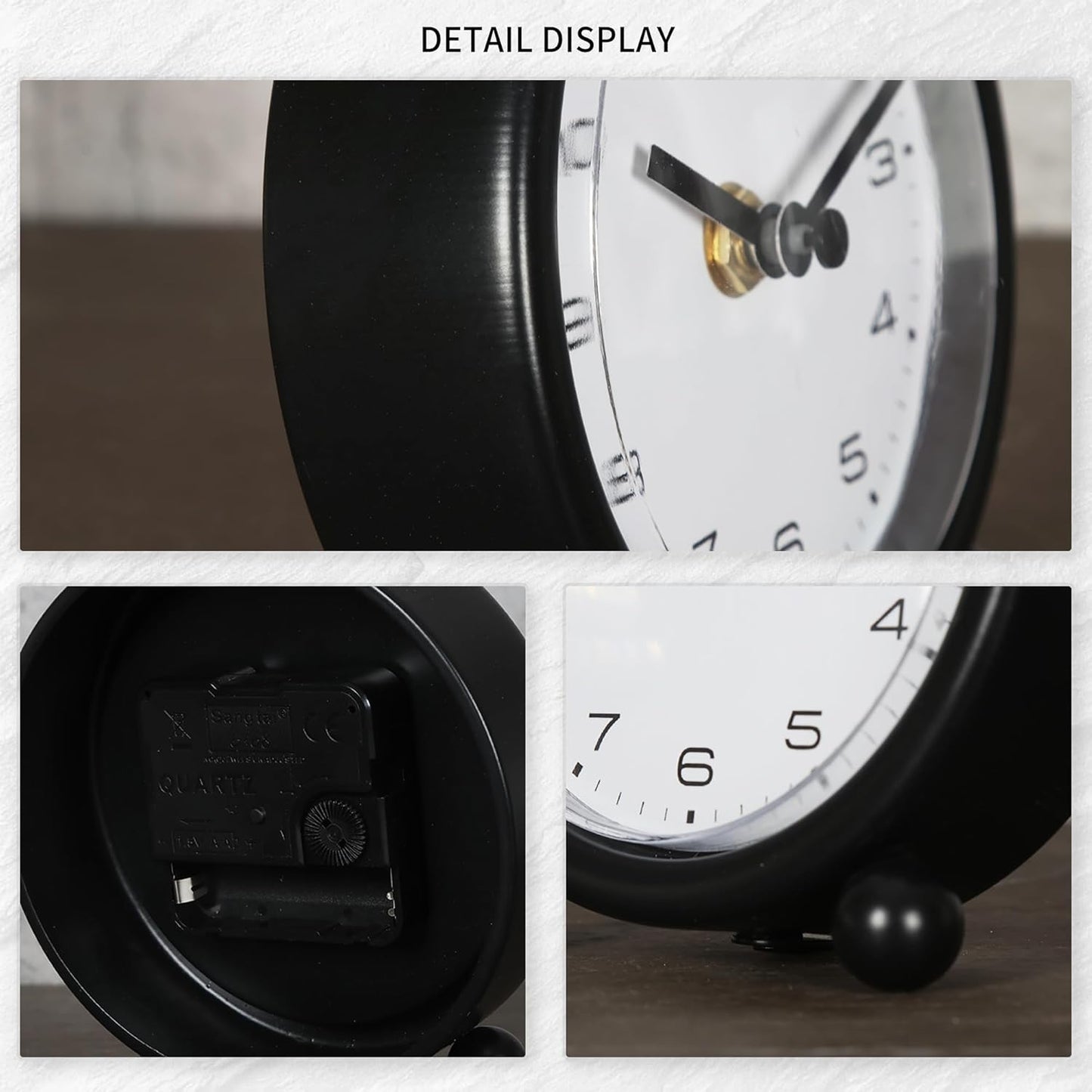 5.1" Desk Clock,Small Retro Desk Clock Battery Operated,Slient Metal Table Clock with Classical for Living Room Decor,Bedroom,Bedside (Black)