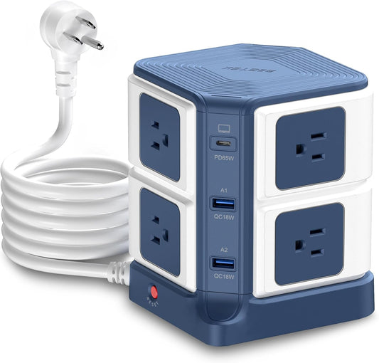 BESTEK PD 65W USB Power Strip Tower Surge Protector, Desktop Charging Station with 8-Outlet Widely Spaced AC Outlets with 2 USB-A USB-C PD3.0 Ports, 4.9ft Heavy-Duty Extension Cord for Home Office
