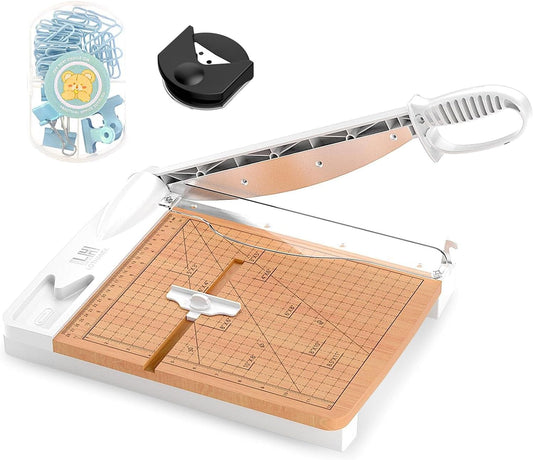 12 Inch Wood Guillotine Paper Cutter, Heavy Duty Wood Base Paper Trimmer with 32 Sheets Paper Cutting Board for Classroom, Crafting, Cardstock, Art Projects (White)