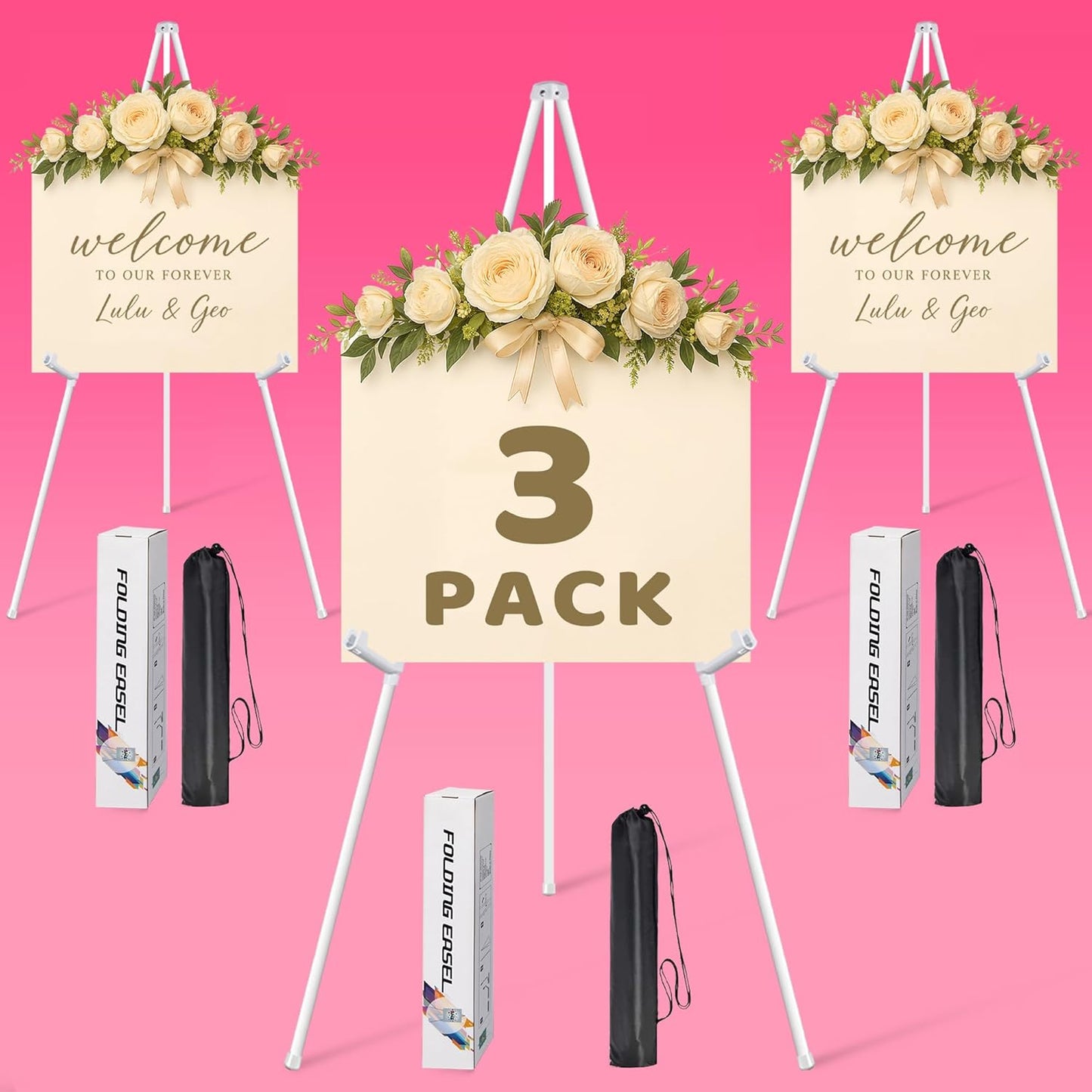 3 Pack White Easel Stand for Sign & Poster - 63" Adjustable Metal Easels for Wedding Welcome Sign, Painting, Canvas, Art Display - Portable Folding Tripod with Carry Bag, Holds 5 Lbs