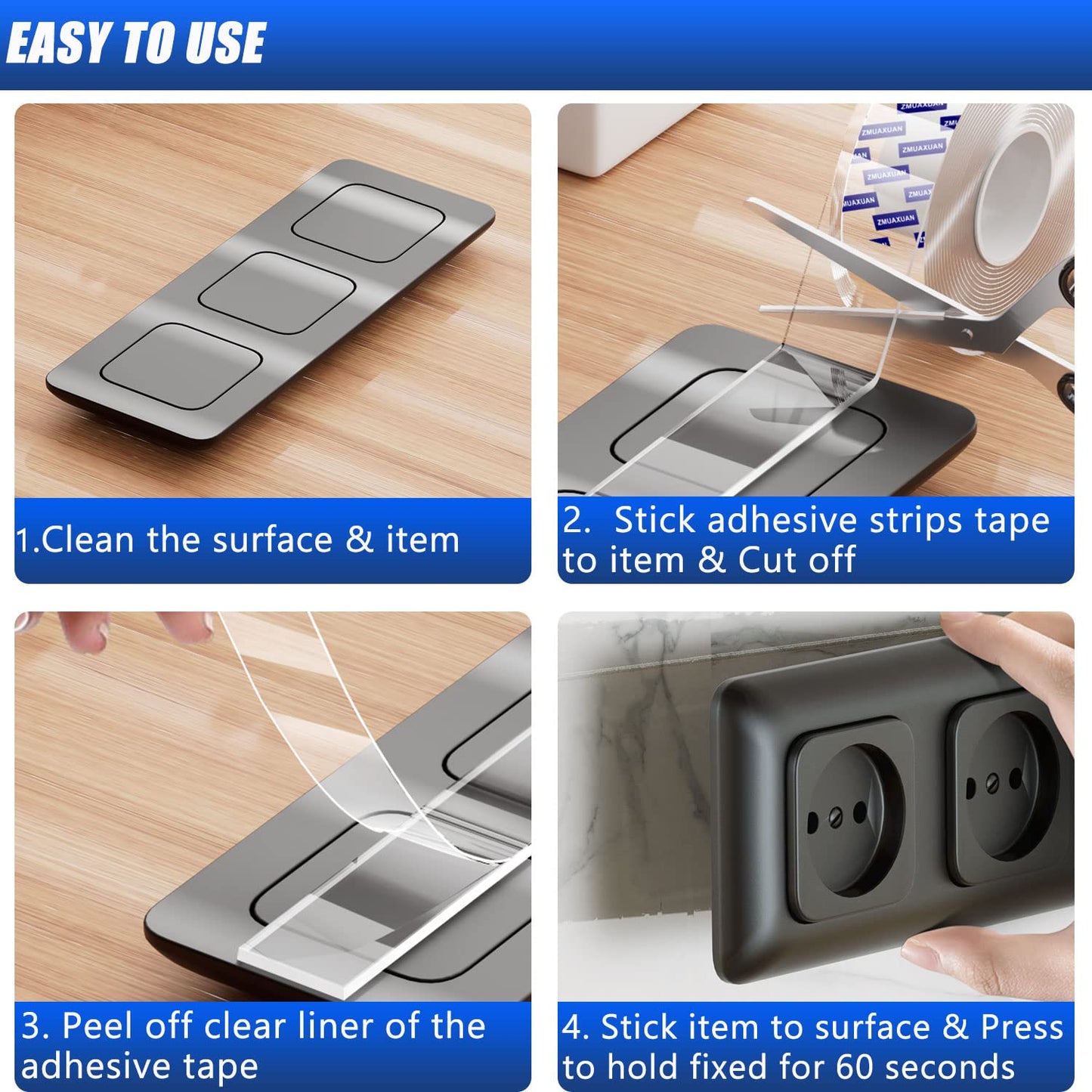 Double Sided Tape Heavy Duty, Clear Wall Mounting Tape, Picture Hanging Adhesive Strips Removable, Strong Poster Glue Adhesive Tape, Nano Tape Sticky Tack for Carpet, Hangers, Frame, 2 Pack Extra Wide