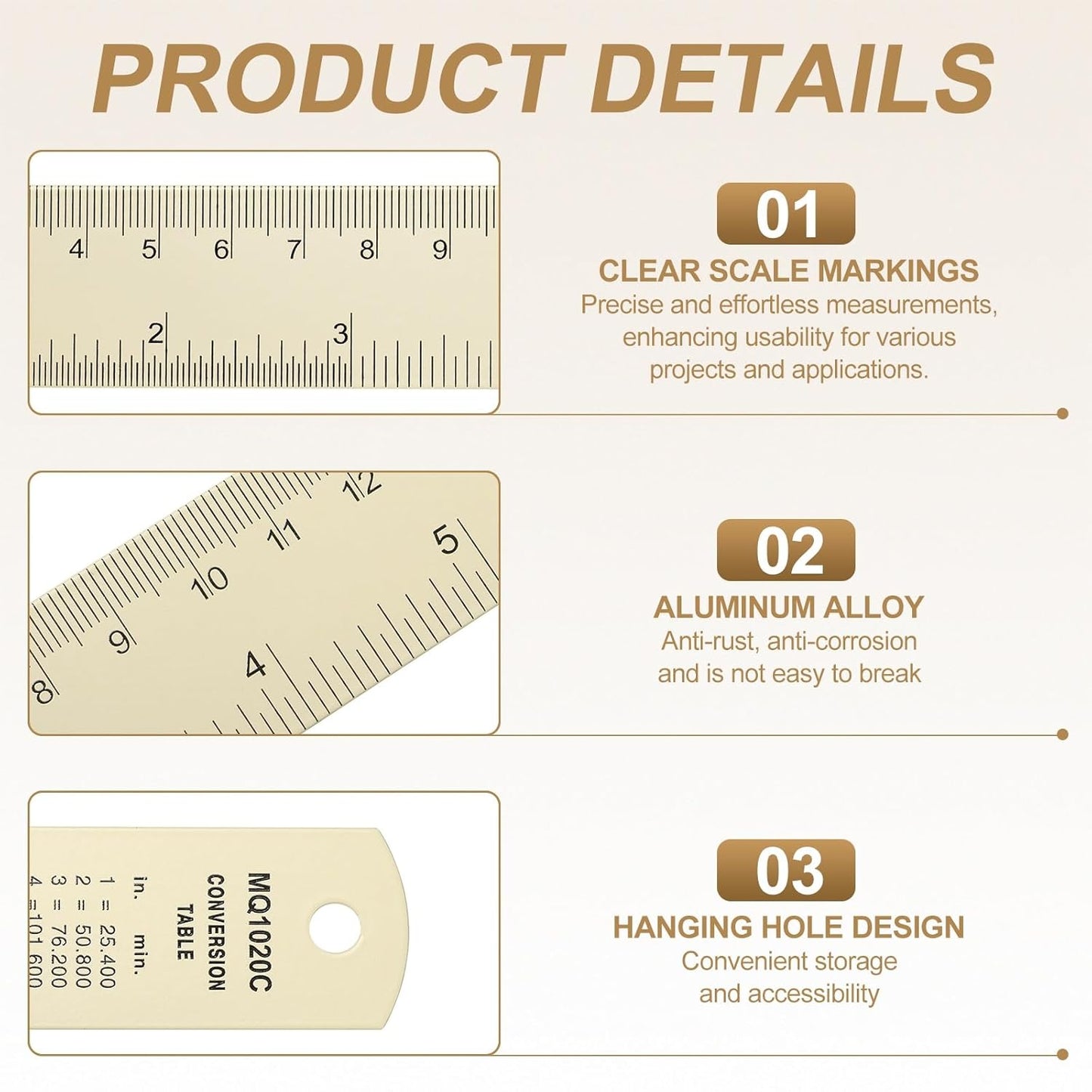 HARFINGTON 2pcs Metal Straight Ruler 30cm Metric SAE Aluminum Alloy Measuring Rulers Scale Tool with Hole for Measure Study Reading Classroom Office, White