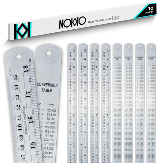 NOKKO Metal Ruler 18 Inch - Pack of 10 - Stainless Steel Ruler Set with Straight Edge Rulers - Precise Metric & Imperial Measurements - Ideal for School, Office, Woodworking & Craft Projects