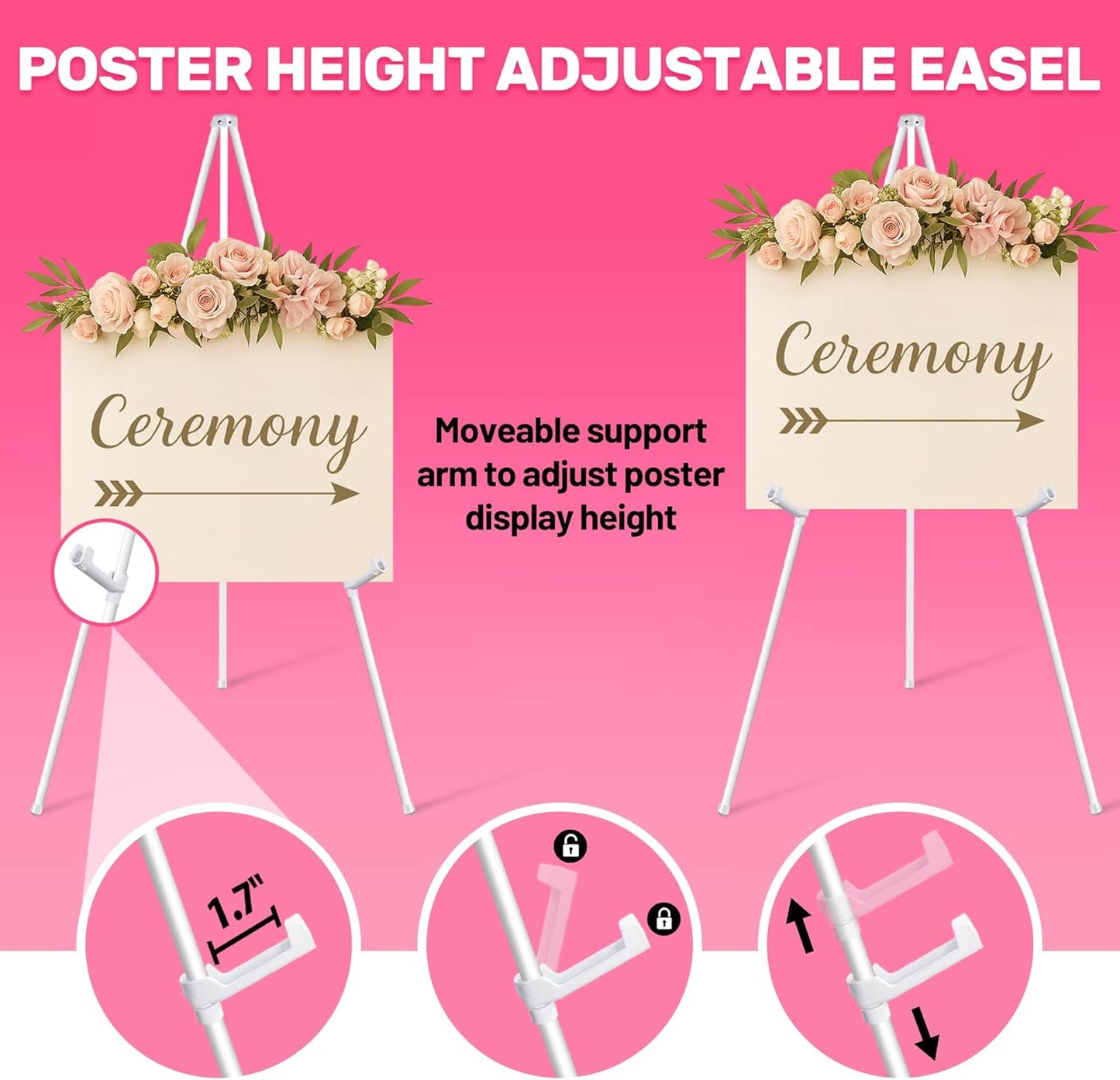 2 Pack White Easel Stand for Sign & Poster - 63" Adjustable Metal Easels for Wedding Welcome Sign, Painting, Canvas, Art Display - Portable Folding Tripod with Carry Bag, Holds 5 Lbs