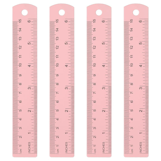 HARFINGTON 4pcs Metal Straight Ruler 15cm Metric SAE Aluminum Alloy Measuring Rulers Scale Tool with Hole for Measure Study Reading Classroom Office, Pink