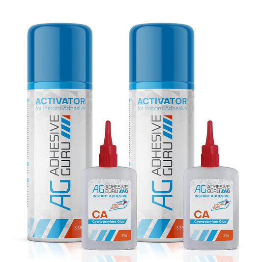 Adhesive Guru CA Glue with Activator Woodworking (2 x 0.9 oz - 2 x 3.38 fl oz) Ca Glue for Woodworking, Cyanoacrylate Glue and Activator (2 Pack)