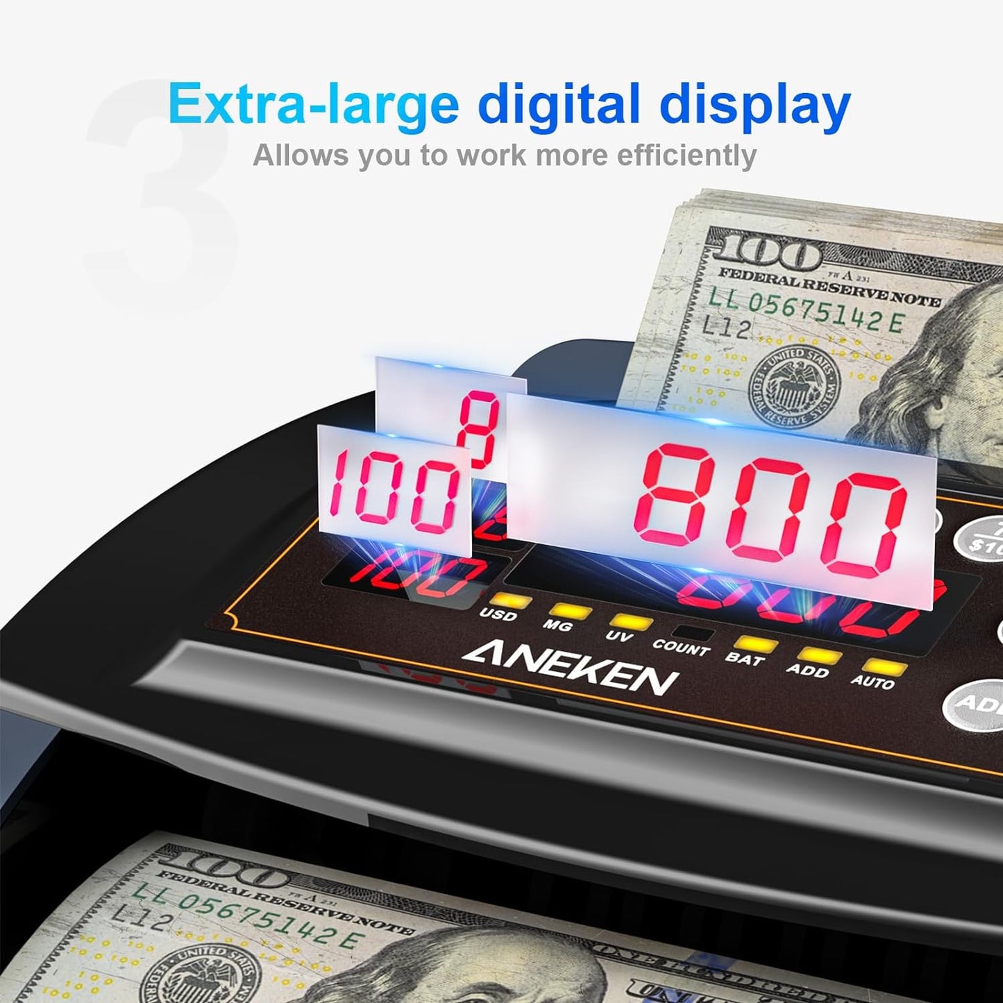 Aneken Money Counter with Value Count, UV/MG/IR Counterfeit Detection for Dollars Euros Machine with Count/Add/Batch/Auto Modes, Cash Counter with External LCD Display, White