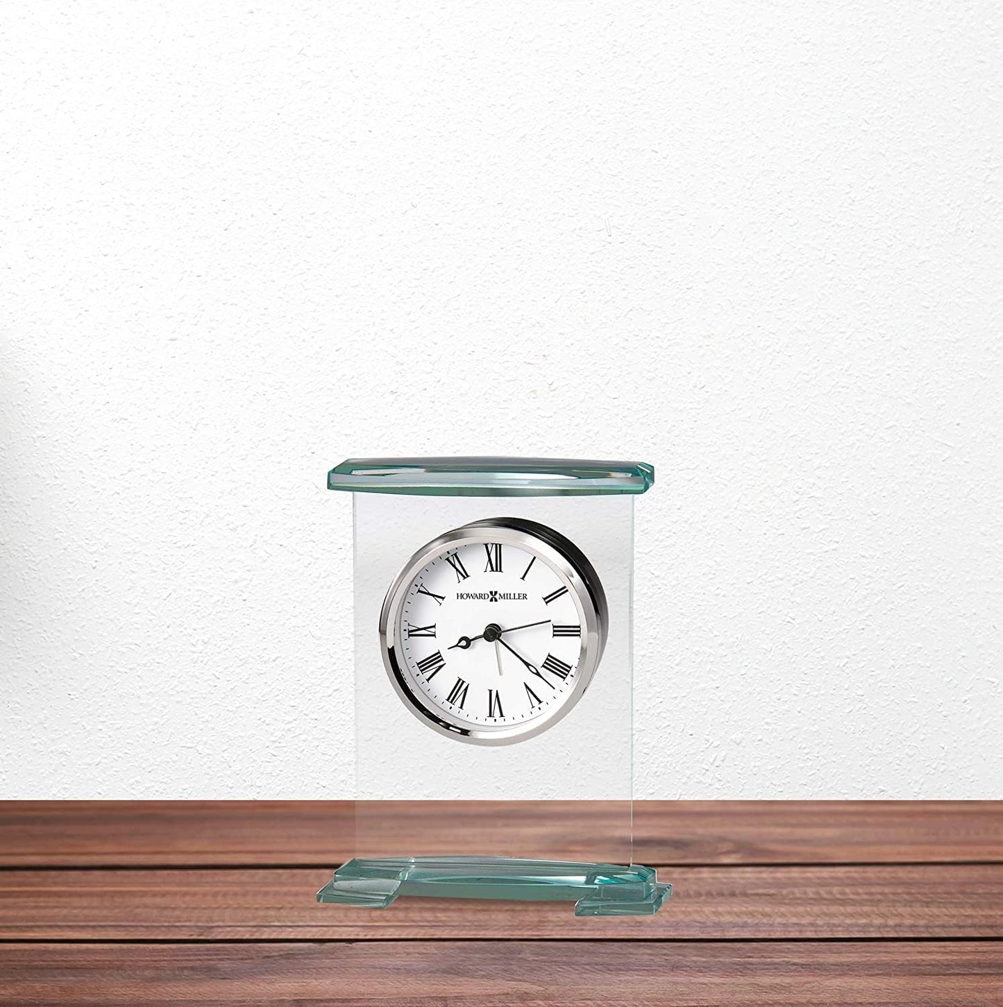 Howard Miller Augustine Tabletop Alarm Clock - Glass Bracket Style, Silent Quartz Movement, Modern Desk Clock with Roman Numerals, Battery Operated, Perfect for Home or Office Decor