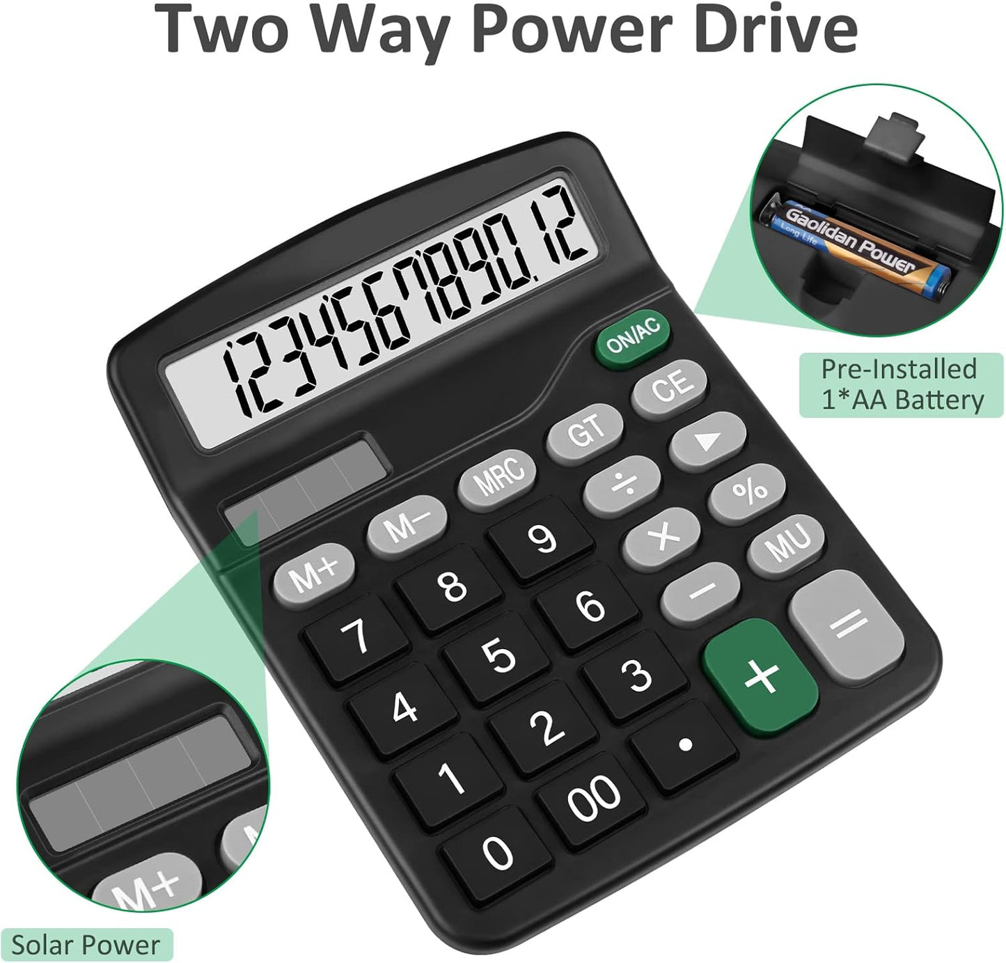 Calculators, Splaks 2 Pack Standard Functional Desktop Calculators Sola and AA Battery Dual Power Electronic Basic Calculator with 12-Digit Large Display for Office, Home, School (2 Black)