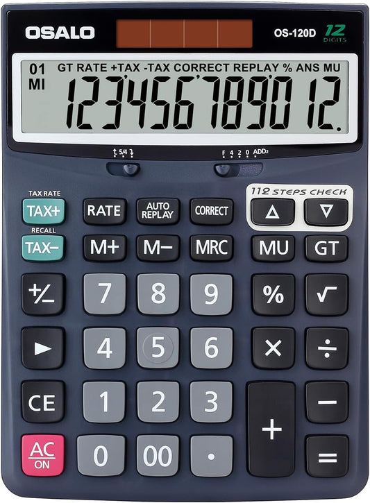 OSALO 12 Digits Desktop Calculator Extra Large LCD Display with VAT Tax Big Button, Dual Solar Power and Battery, Basic Calculator for Office, Home, School (DJ-120D Deep Blue)