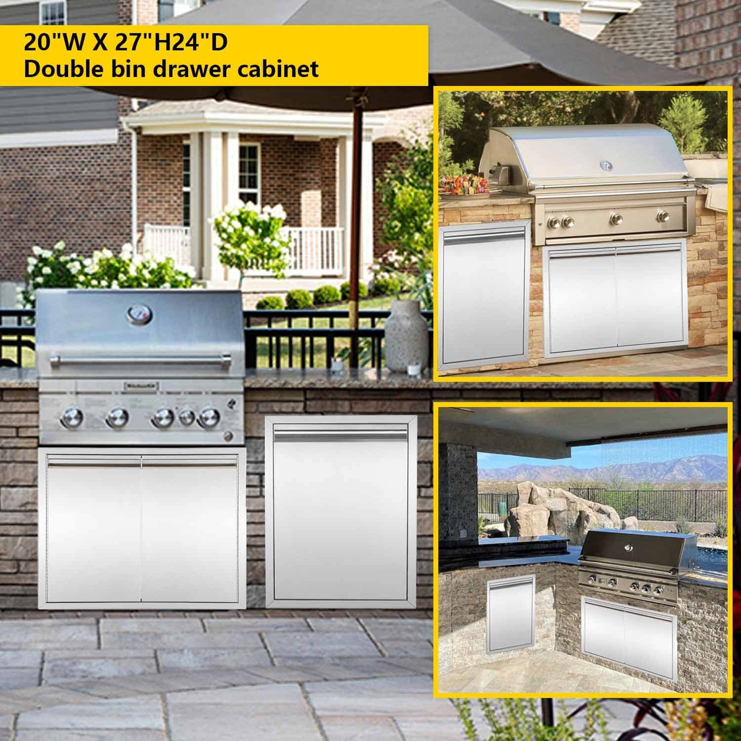 Pull-Out Double Trash Drawer Stainless Steel Outdoor Kitchen Trash Drawer Storage for Two 10 Gallon Commercial Wastebaskets…