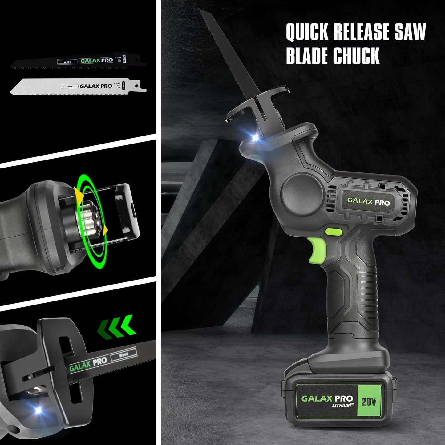 GALAX PRO 20V Cordless Reciprocating Saw, 0-3000RPM Variable Speed Power Reciprocating with 4.0Ah Battery, 2pcs Wood Blades & 1pcs Metal Blade