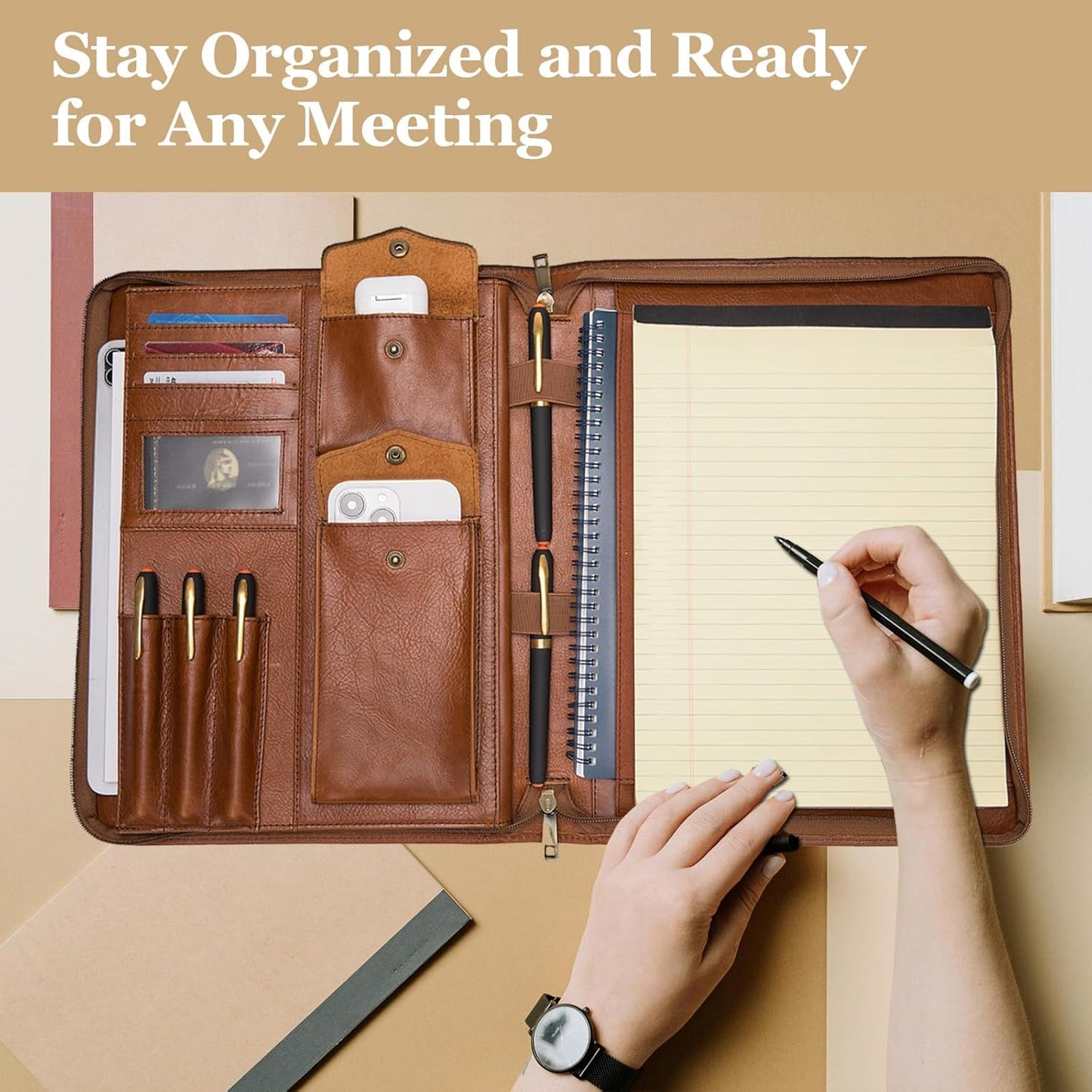 Genuine Leather Portfolio with Hidden Handle, Zippered Front Pocket, Business Padfolio for Men and Women, 8.5 x 11 Legal Pad Notebook Holder, Office Letter Notepad Folio, Oil Tanned