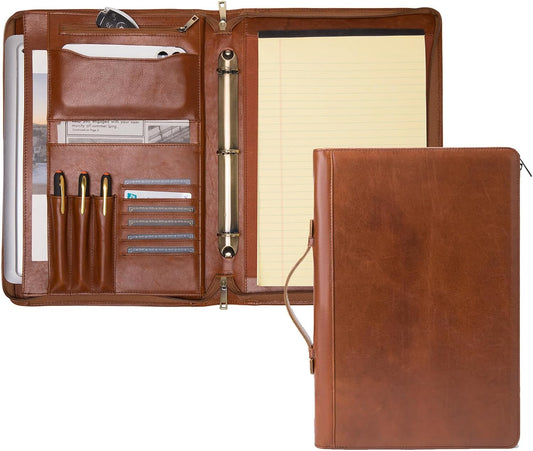 Genuine Leather 3 Ring Binder Portfolio, 8.5 x 14 Legal Size Pad Holder, Hidden Handle, Zippered Padfolio with 15” Laptop Organizer, Professional Business Folio for Men Women, Brown, Oil Tanned