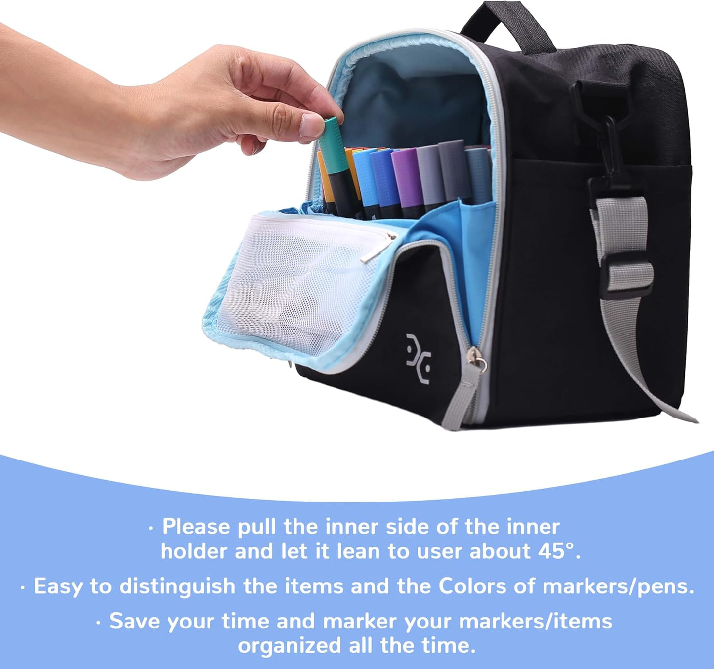 Large Storage Tote Bag for Markers, Brush Pens, Coloring Pencils, Books, Art & Craft Supplies, Tools, Cosmetics - Up to 130 Pens, Black