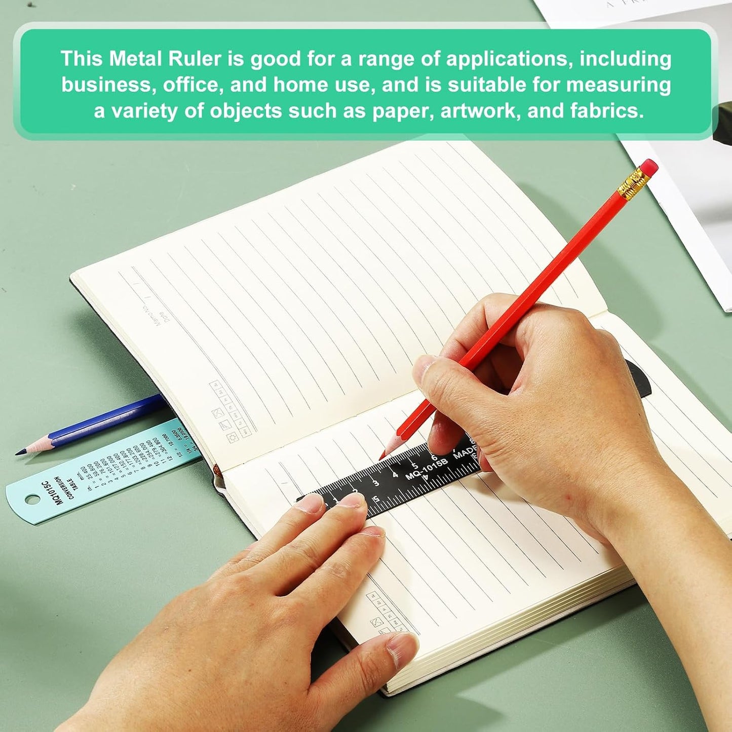 PATIKIL 30cm/12 Metal Ruler, 2 Pack Aluminum Alloy Rulers with Centimeters, Millimeters, Inches and Conversion Table Straight Edge Ruler for Writing Machinist Drafting, Blue Green