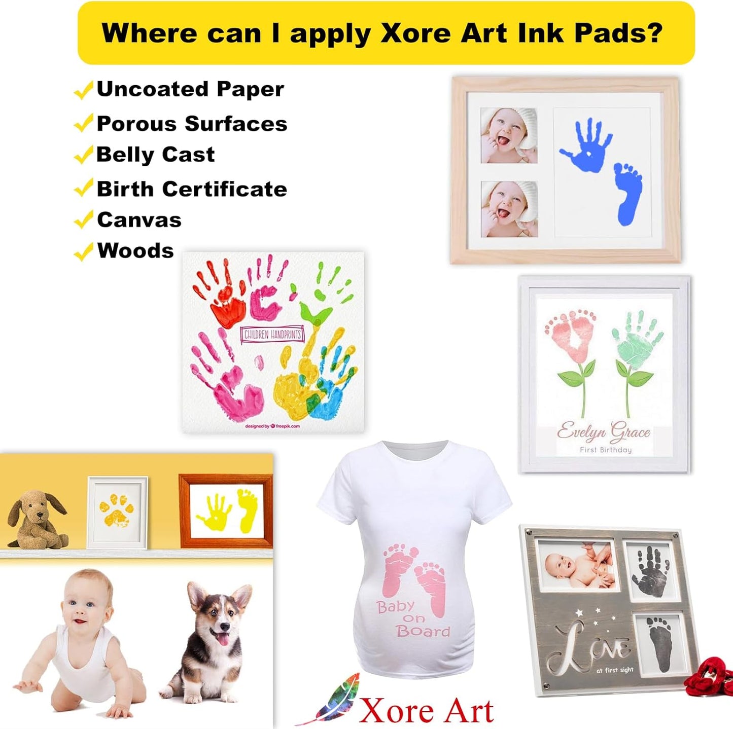 5"x4'' Large Ink Pad Washable Stamp Ink Pad for Baby Footprint Handprint with 30ml Premium Refill Ink (Yellow)