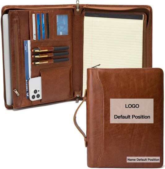 Personalized Genuine Leather Portfolio with Hidden Handle, Front Pocket, Custom Engraved Business Padfolio Tablet/13” Laptop Organizer, Professional Executive Document Folio, Brown, Oil Tanned