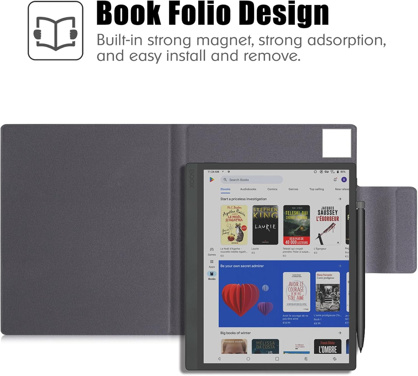 BOZHUORUI Case for 10.3" Boox Tab Ultra C Pro ePaper Tablet | with Sleep/Wake | Magnetic Adsorption | Pen Clasp Design | Thin & Light | PU Leather Smart Cover (Denim Black)