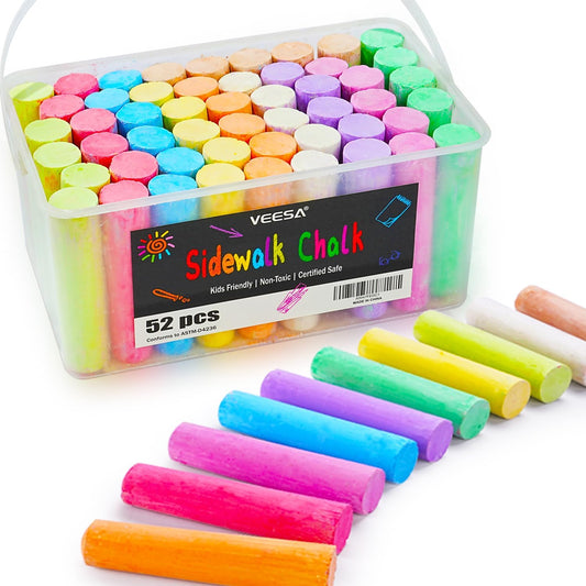 VEESA Sidewalk Chalk for Kids (52 PCS), Washable & Non-Toxic, 10 Colors Jumbo Chalk Bulk for Chalkboard, Blackboard, Driveway, Playgroud, Outdoor Actitvities