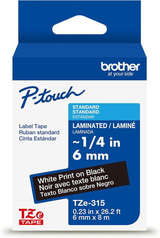 Brother Genuine P-Touch TZe White Print on Black Label Tape (TZe315), Laminated,1/4in x 26.2ft (6mm x 8m), for Select P-Touch Label Makers, Durable, Water-Resistant, Indoor/Outdoor Use