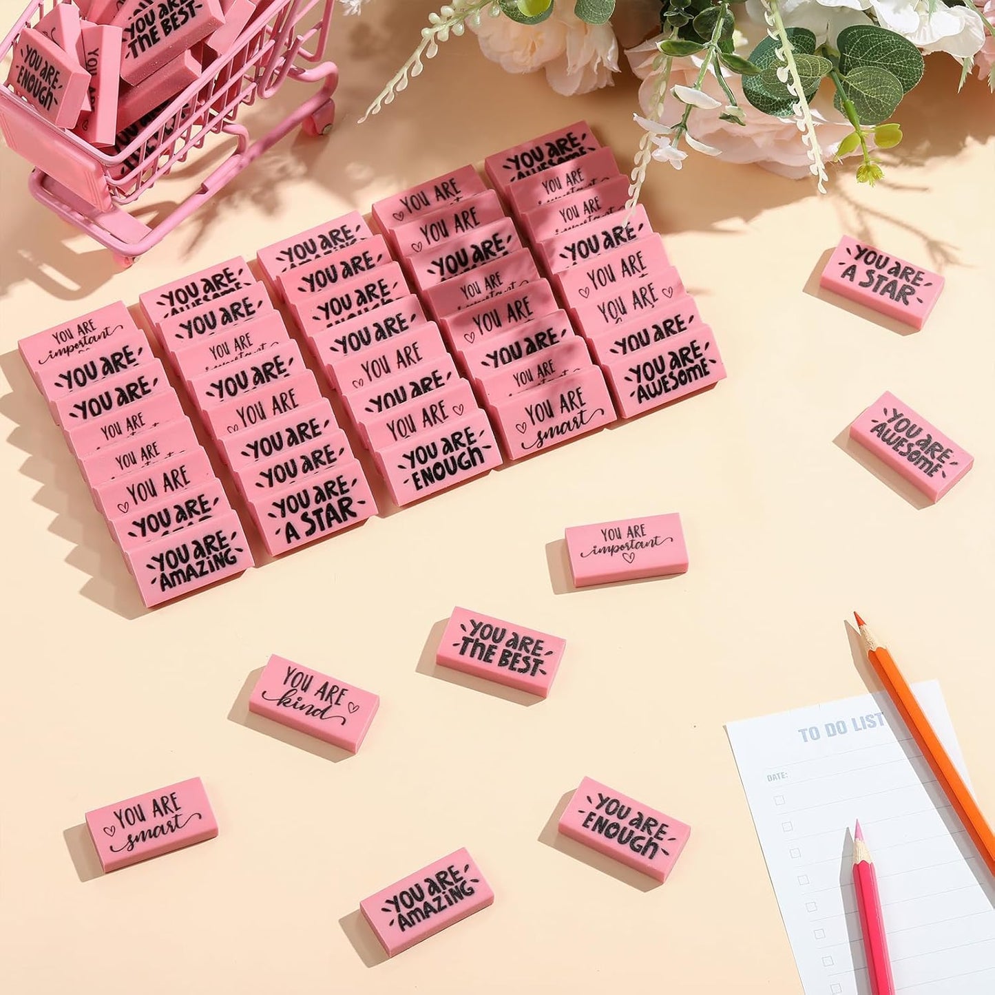 PerKoop 100 Pcs Pcs Inspirational Pink Erasers Bulk Small Motivational Block Pencil Erasers Back to School Gifts for Classroom Students Teachers Office Stationery Supplies