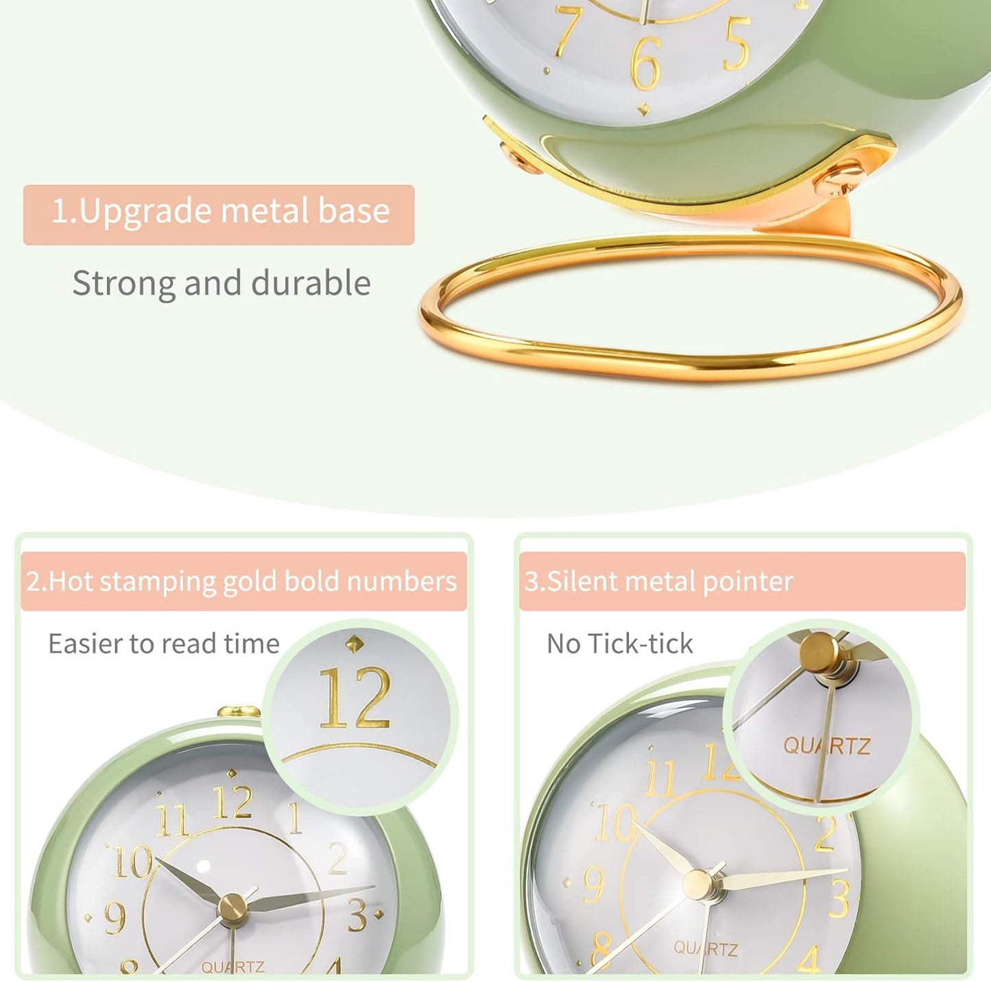 Analog Alarm Clocks,Retro Backlight Cute Simple Design Small Desk Clock with Night Light,Silent Non-Ticking,Battery Powered,for Kids,Bedroom,Travel,Kitchen,Bedside Desktop. (Orange)
