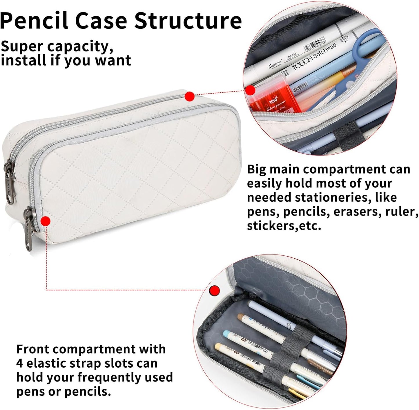 Della Gao Pencil Case Large Capacity Pencil Pouch Soft Quilted Pen Bag Office Stationery Organizer Sturdy Pencil Bag for Men Women - Beige