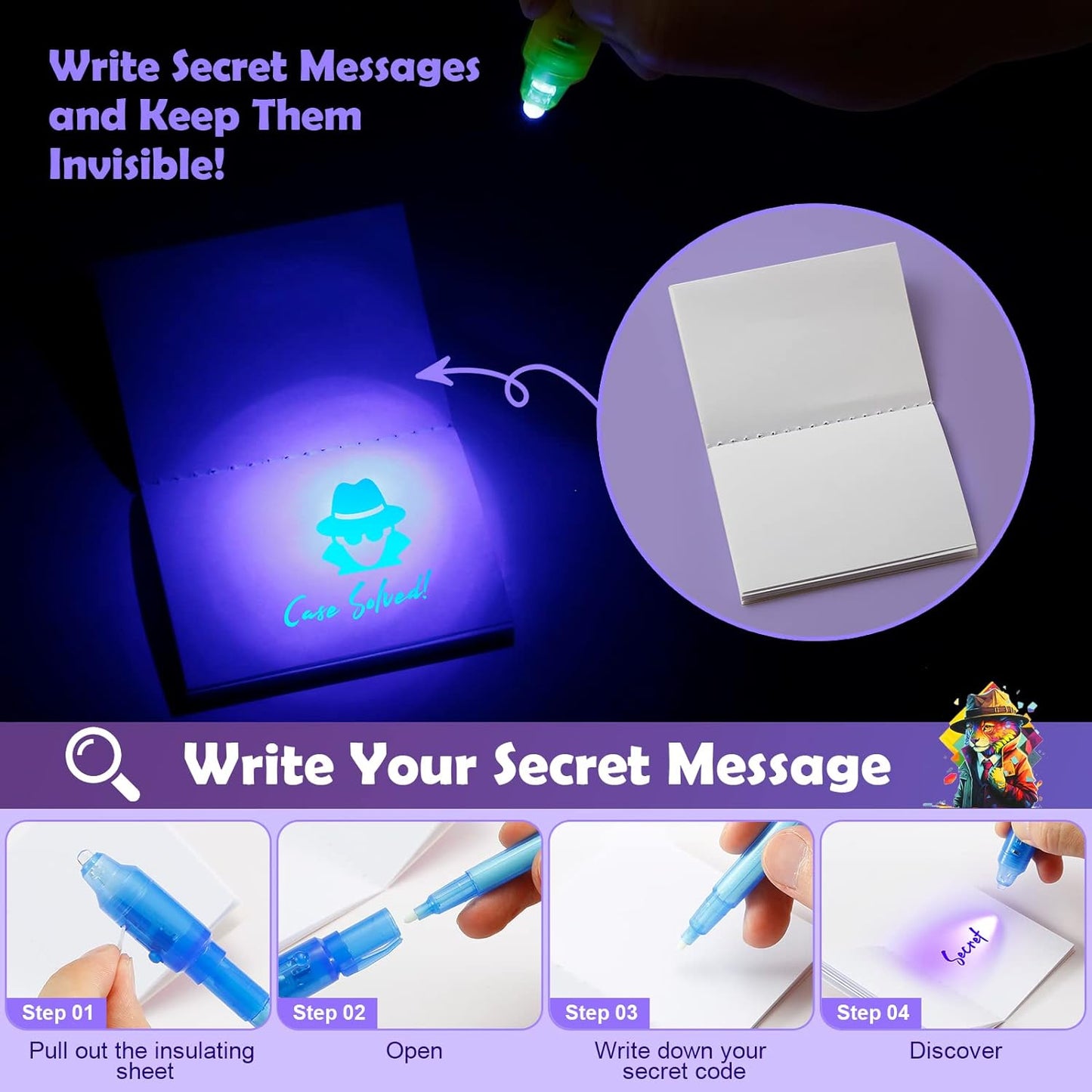 16Pcs Invisible Ink Pen Set with UV Light, Mini Notepads & Favor Bags, Spy Pens for Kids, Top Secret Message Magic Markers, Disappearing Ink, Detective & Escape Room Themes