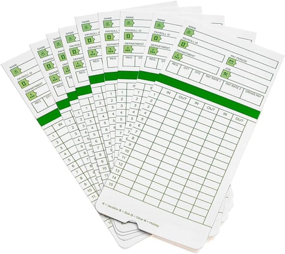 Time Cards for Employees Monthly,Numbered Days,All Pay Periods, 100 Count,2-Sided, 3 3/8" x 7 3/8",Green Print,Timecards for Time Clocks