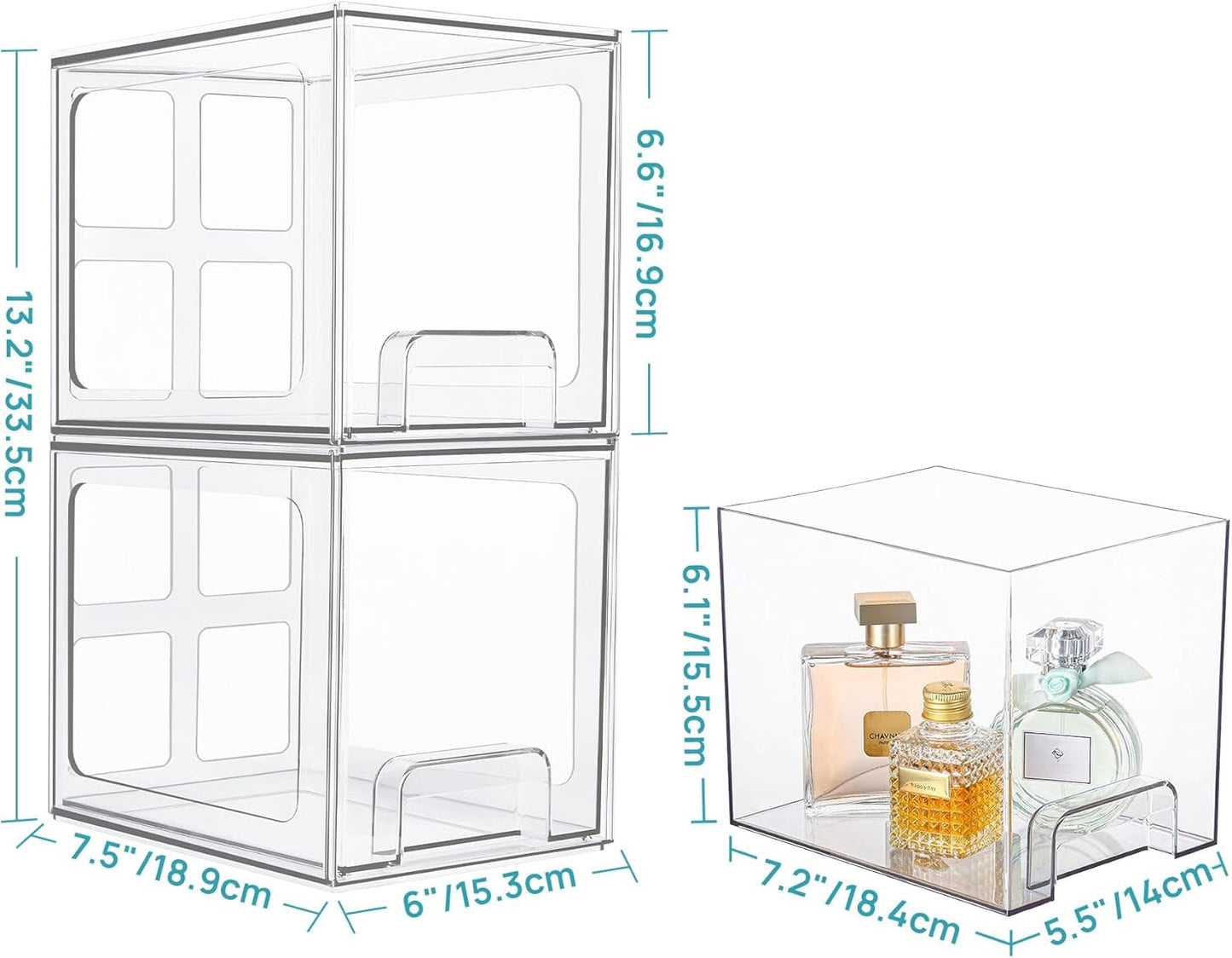 Vtopmart 4 Pack Stackable Storage Drawers, 6.6''Tall Acrylic Bathroom Makeup Organizers,Clear Plastic Drawers For Vanity, Undersink, Kitchen Cabinet,Pantry Organization and Storage